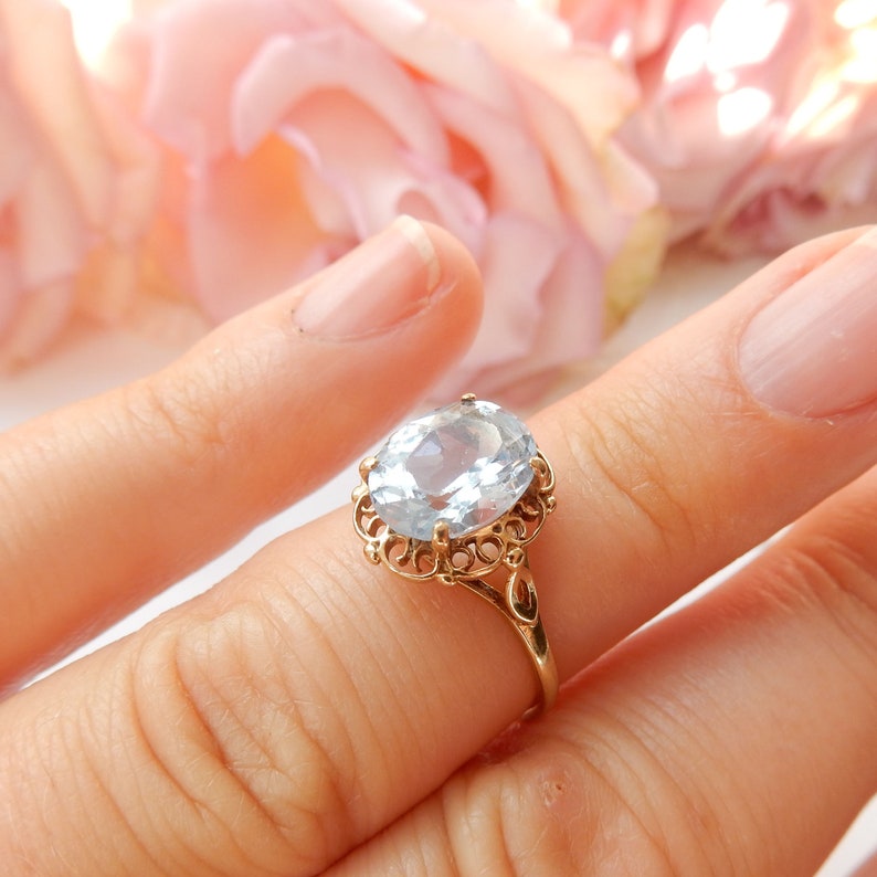 Vintage 9ct Gold Created Blue Spinel Filigree Ring