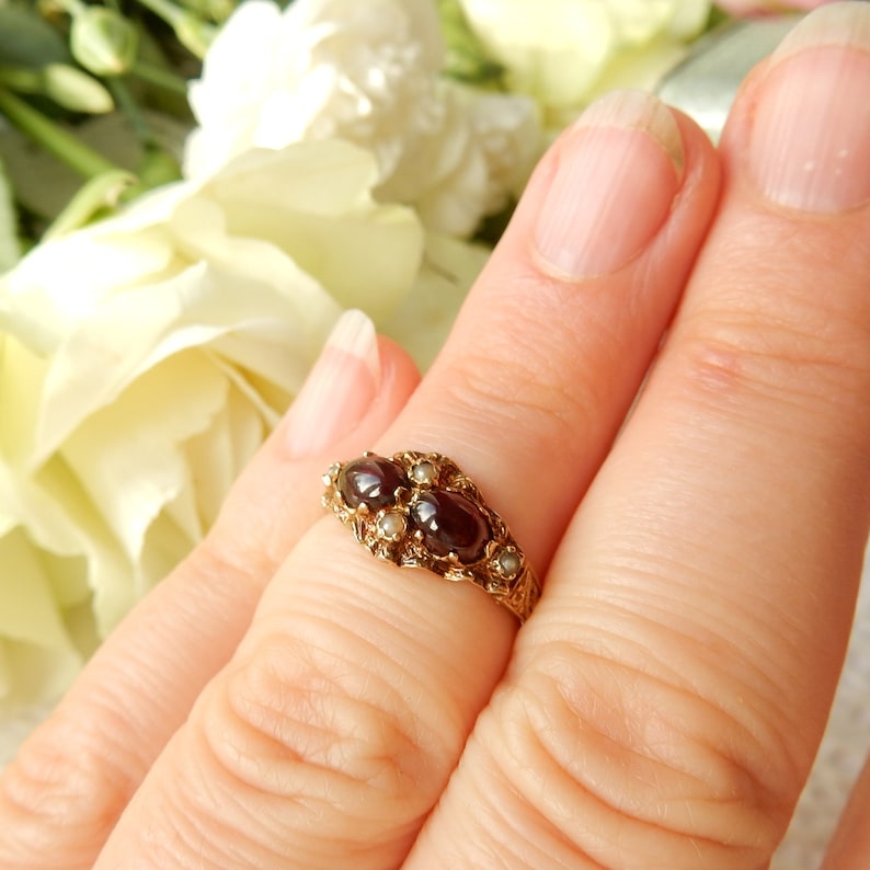 Victorian Revival Garnet and 2024 Seed Pearl 9k Gold Ring