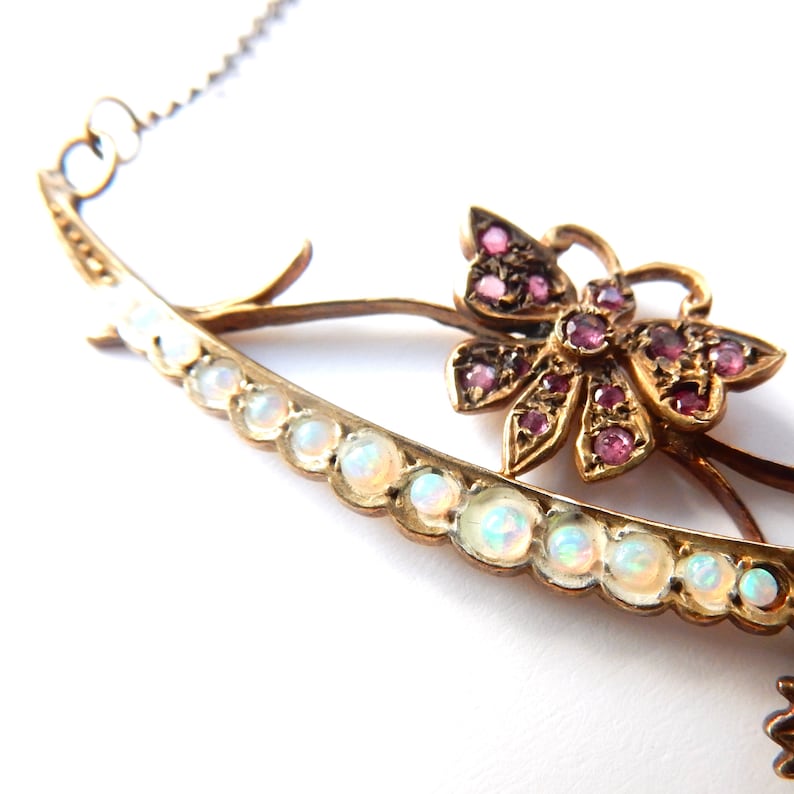 Vintage Silver Vermeil Opal Moon Necklace with Ruby Butterfly