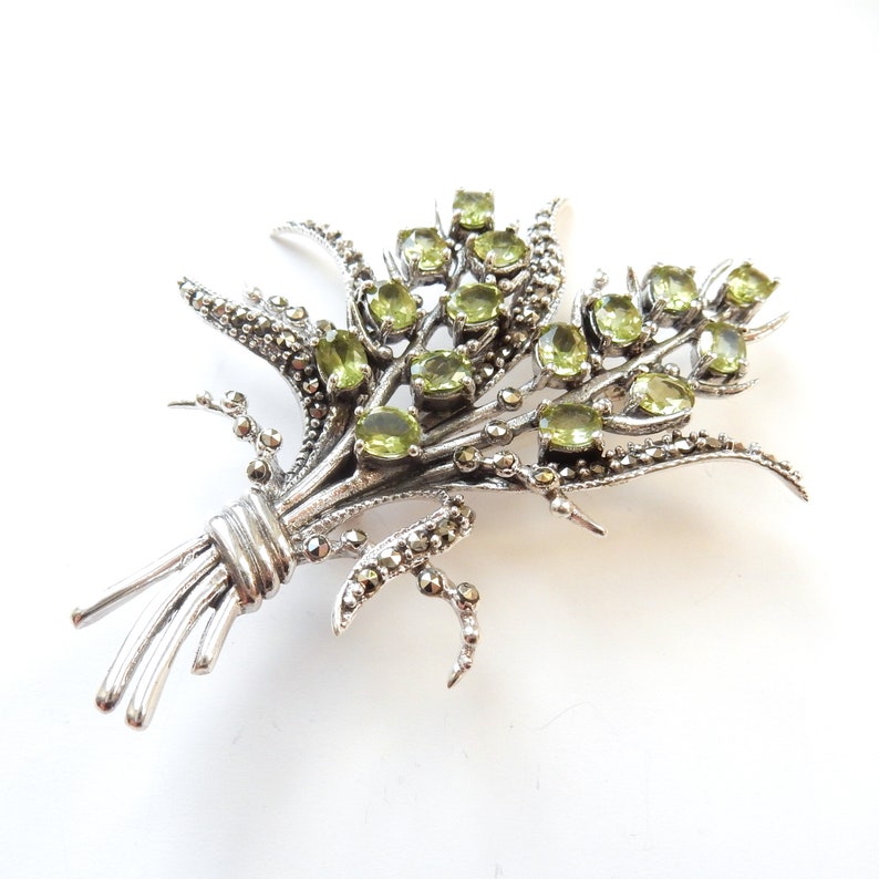Magnificent Large Sterling Silver Peridot Marcasite Floral Spray Brooch