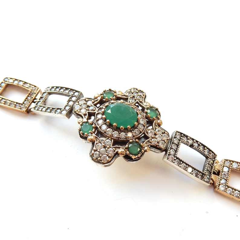 Vintage Sterling Silver Green Chalcedony Link Bracelet
