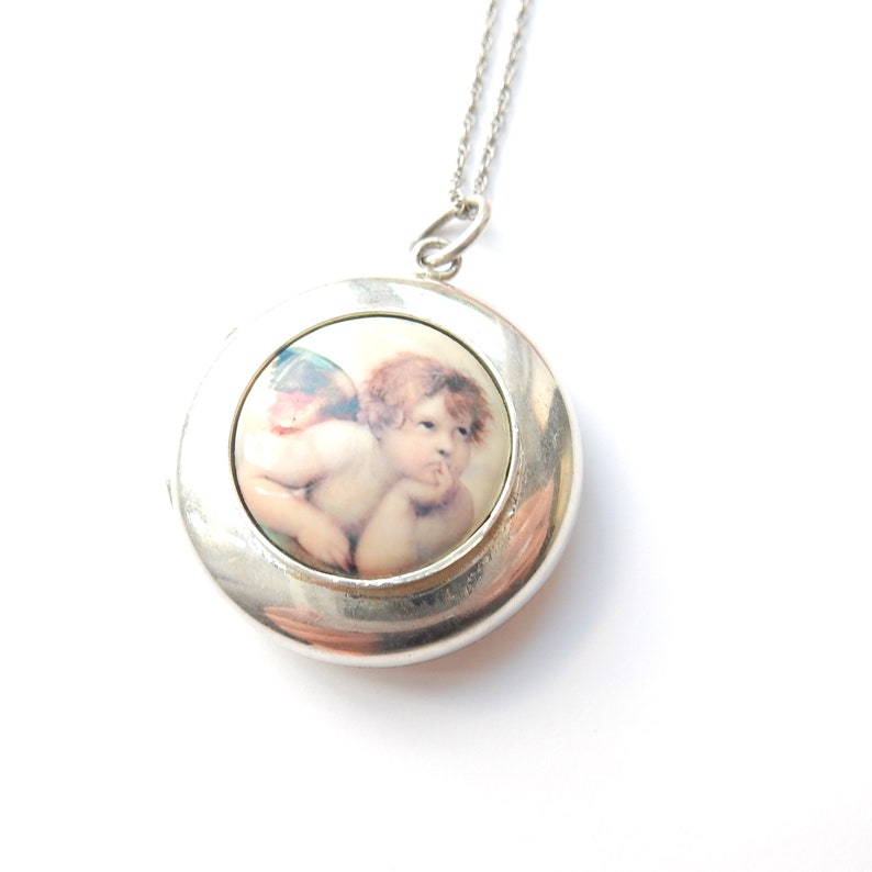 Vintage Sterling Silver Enamel Cherub Locket with Chain