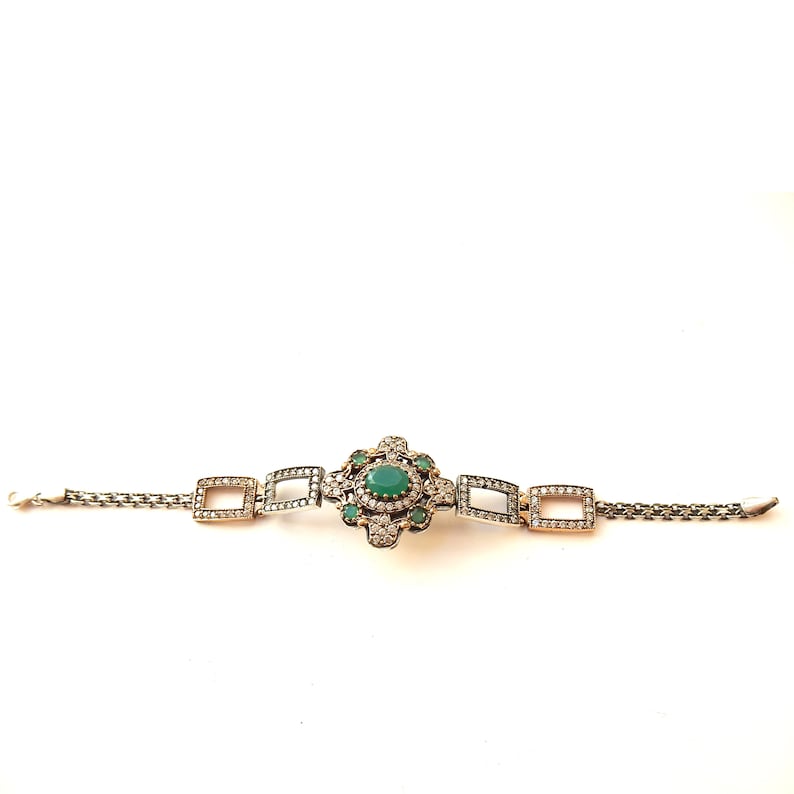 Vintage Sterling Silver Green Chalcedony Link Bracelet