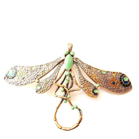 Large Brass Plique a Jour Enamel Dragonfly Pendant Brooch