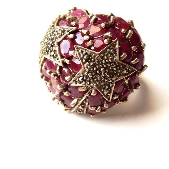 Unique Vintage Sterling Silver Ruby Celestial Star Ring