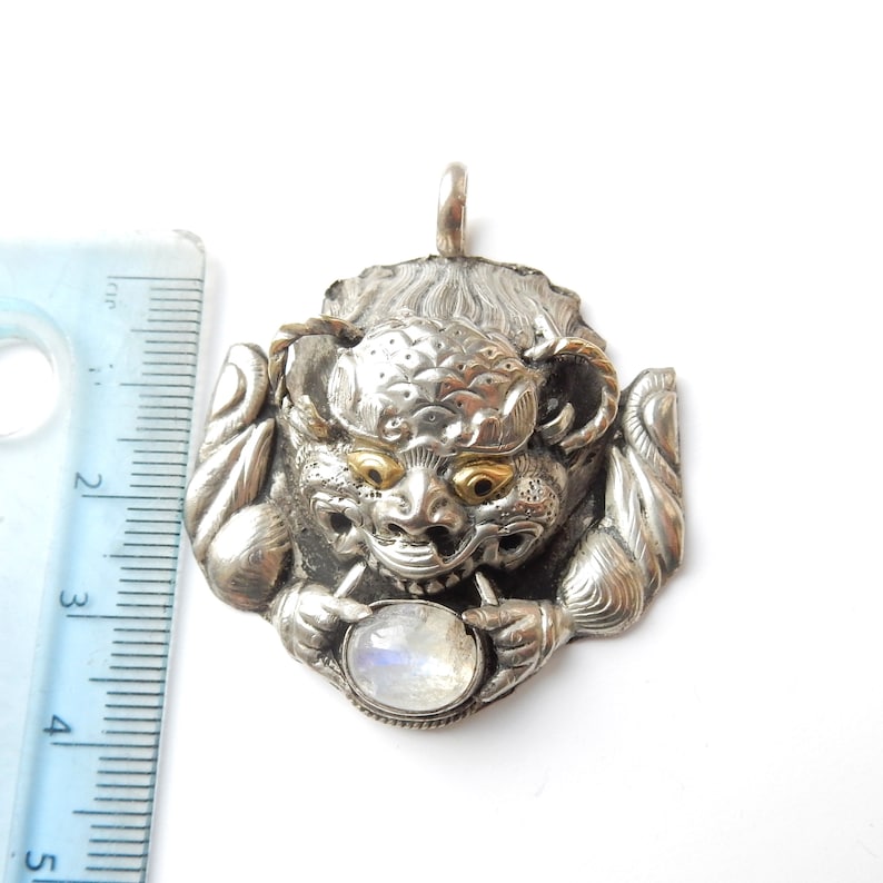 Handmade Vintage Oriental Silverplated Moonstone Dragon Pendant