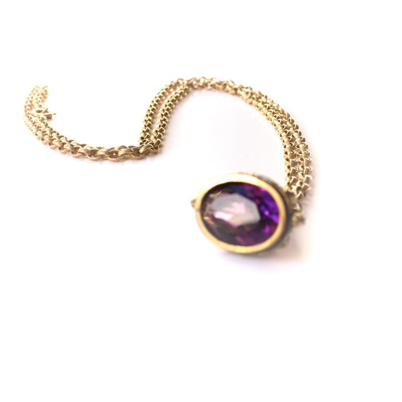 Antique Rolled Gold Amethyst Glass Fob on Long Rolled Gold Chain