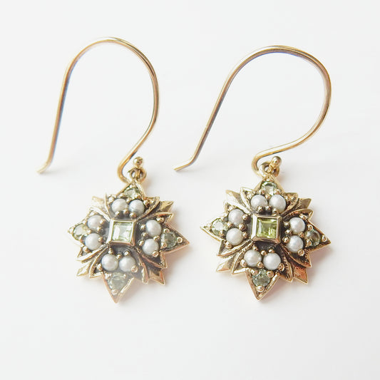 9ct Gold Peridot & Seed Pearl Drop Earrings (2.7grams)