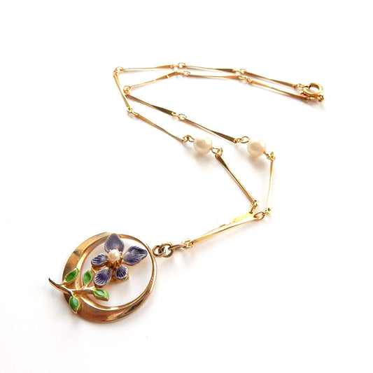 Vintage Gold Plated Enamel Seed Pearl Pansy Flower Necklace