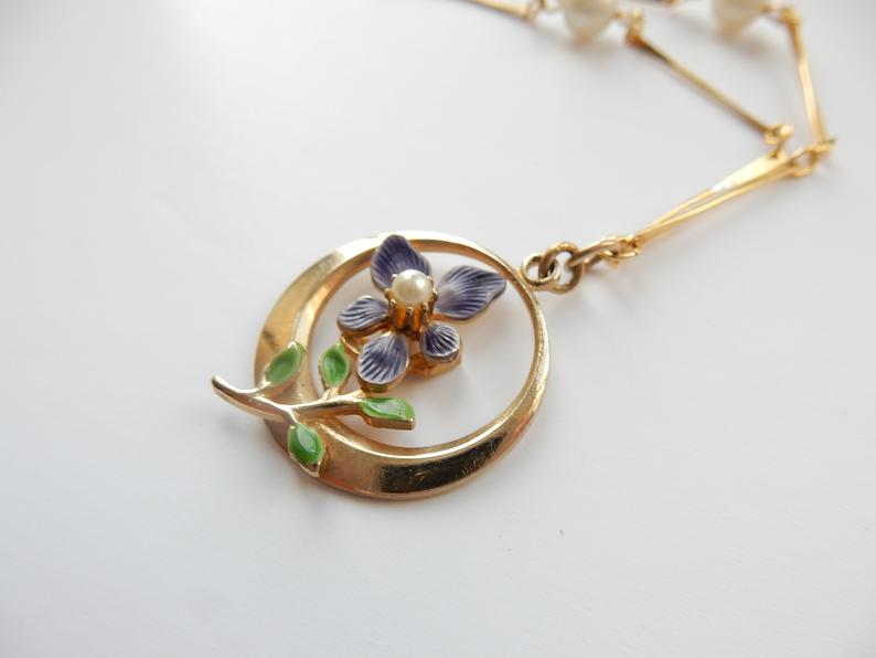 Vintage Gold Plated Enamel Seed Pearl Pansy Flower Necklace