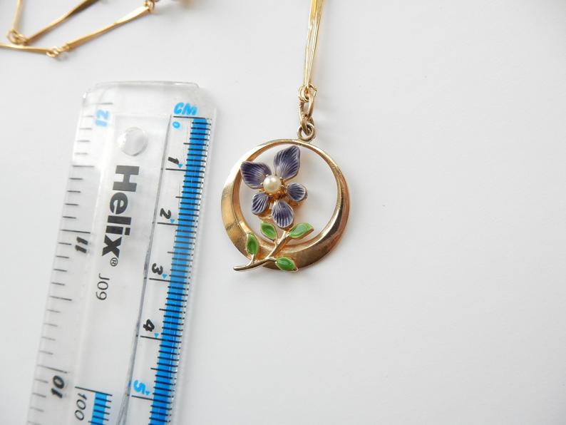 Vintage Gold Plated Enamel Seed Pearl Pansy Flower Necklace