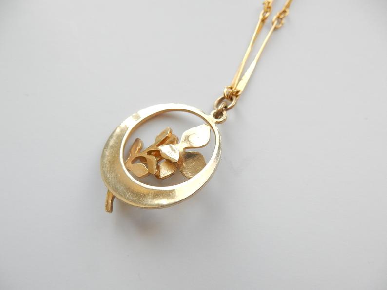 Vintage Gold Plated Enamel Seed Pearl Pansy Flower Necklace